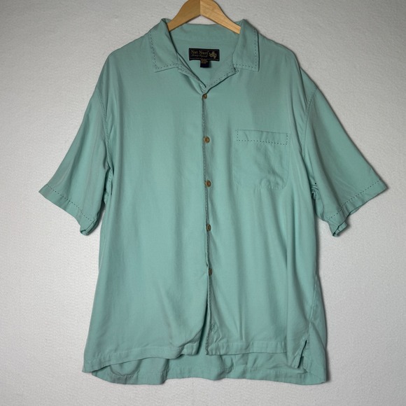 Nat Nast Luxury Originals Mens L Silk Camp Shirt Teal Surf Bowling Aloha Cuban - Picture 1 of 11
